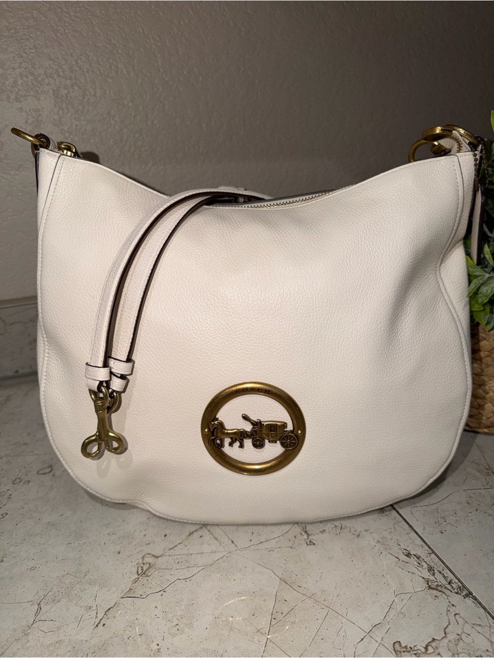 Coach White Leather Shoulder Hobo with Brass Horse & Carriage Accent